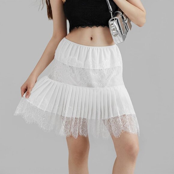 Women Lace Ruffle Mini White Skirt Pleated Sexy Waist Layered Flowy Slip Skirt - Picture 3 of 7